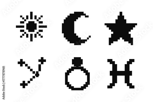 Retro pixel icons: sun, moon, star, and zodiac symbols in black and white