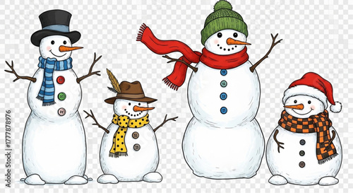 Whimsical snowmen dressed in winter accessories stand together, ready for the winter season with carrot noses and coal eyes. vector illustration
