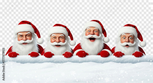Four joyful figures of the jolly gift-giver Santa Claus, full of festive spirit and ready to spread holiday cheer. Peeking over a snowy backdrop and bringing the holiday's essence. vector illustration