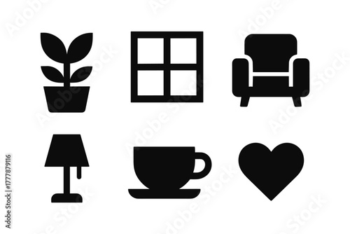 Minimalist icon set: plant, window, armchair, lamp, cup, heart in black silhouette