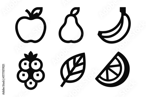 Minimalist outline icons of fruit and leaf collection for modern designs