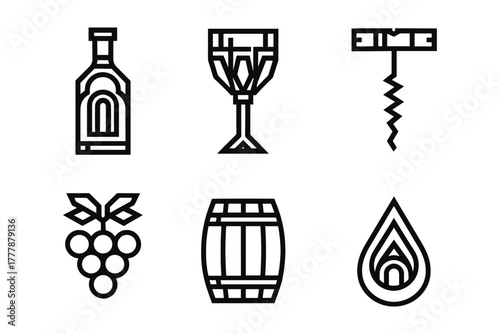 Minimalist wine icons set featuring grapes, bottle, corkscrew, chalice, barrel, and drop