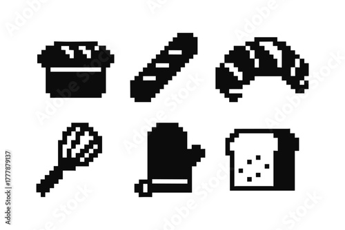 Pixel art bakery icons: bread, baguette, croissant, whisk, oven mitt, toast