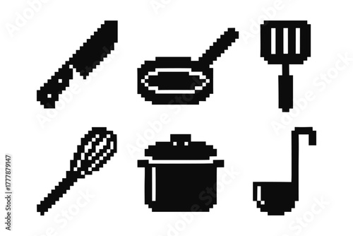 Retro pixel kitchen icons set featuring cooking utensils and pots
