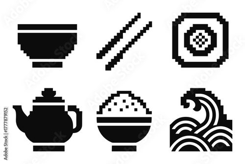 Pixel art icons of traditional asian cuisine and elements in black and white