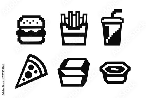 Retro pixel fast food icons set featuring burger, fries, drink, pizza, box, and sauce