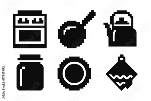 Retro 8-bit kitchen icons set featuring stove pot kettle jar plate and strainer
