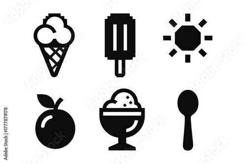 Minimalist dessert and summer icons set with ice cream and sun elements