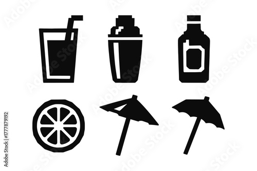 Black and white icons of cocktail drinks and summer umbrellas in simple design