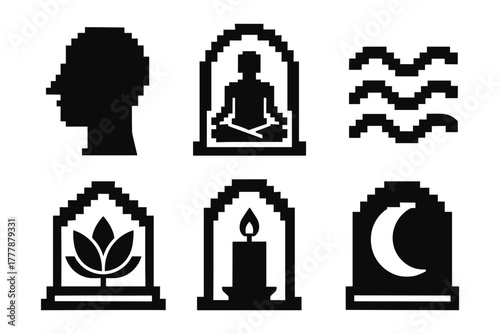 Retro pixel art icons of meditation and mindfulness with classic 8-bit style