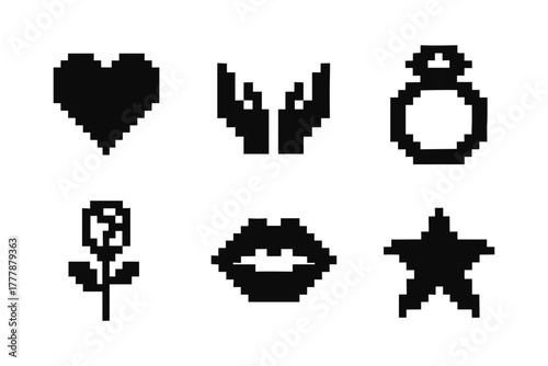 Retro pixel art icons: heart, wings, ring, flower, lips, star