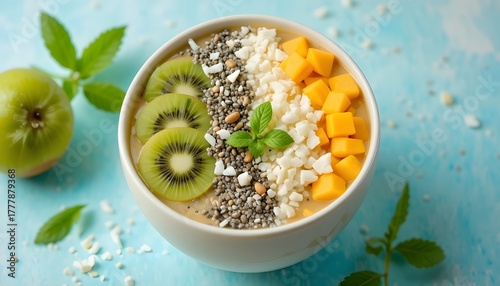Colorful smoothie bowl topped with mango, kiwi, coconut flakes, chia seeds, and mint leaves, pastel background, soft daylight, photorealistic detail, perfect for summer, wellness, and vegan food theme