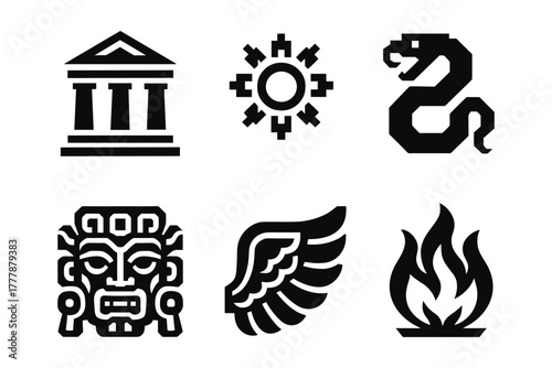 Bold black icon set featuring ancient cultural symbols and elements