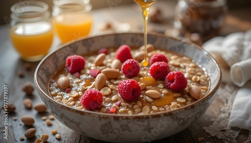 Warm oatmeal bowl garnished with fresh raspberries, almonds, and honey drizzle, cozy morning lighting, rustic table setting, inviting and wholesome mood, ideal for breakfast and nutrition imagery.