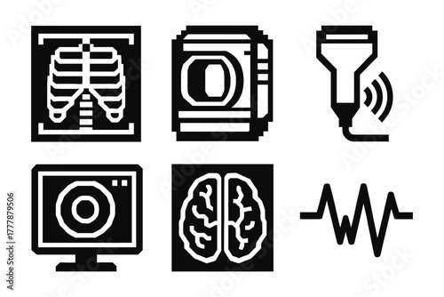 Medical imaging icons: x-ray, mri, ultrasound, ecg, brain scan, linear style