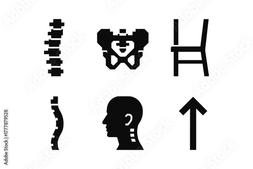 Minimalist icons: spine, skeleton, and posture symbols in black and white