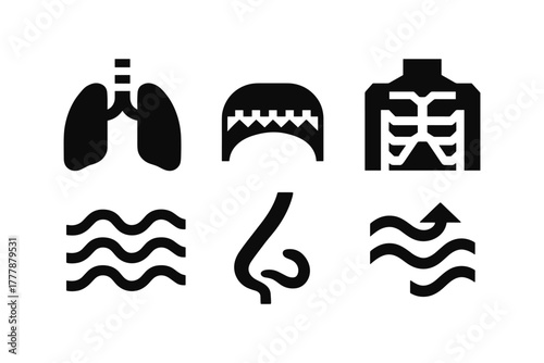 Silhouette icons of respiratory system and breathing elements for medical design