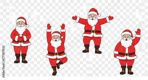 An image featuring four santa clause in variety actions, each dressed in the iconic red suit. vector illustration