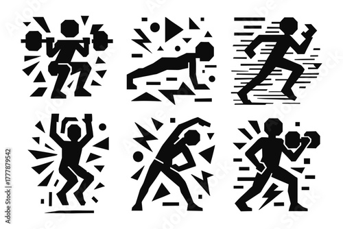 Geometric black and white exercise silhouettes with dynamic motion effects