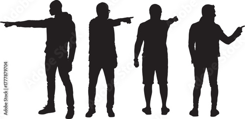 vector, silhouette of  various poses of a group of  men pointing fingers forward