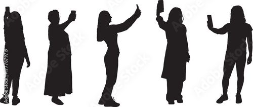 vector, silhouette of group of women taking a self-portrait with smartphone