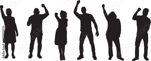 vector, silhouette of front view of a group of happy people raising a fist