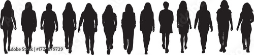 vector, silhouette of back view of group of women walking