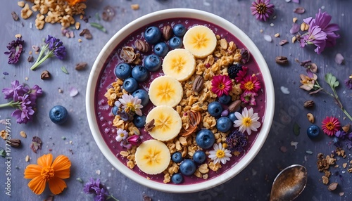 Bright acai bowl with granola, sliced banana, blueberries, and edible flowers, top-down view, modern food styling, colorful contrast, perfect for superfood and fitness concepts