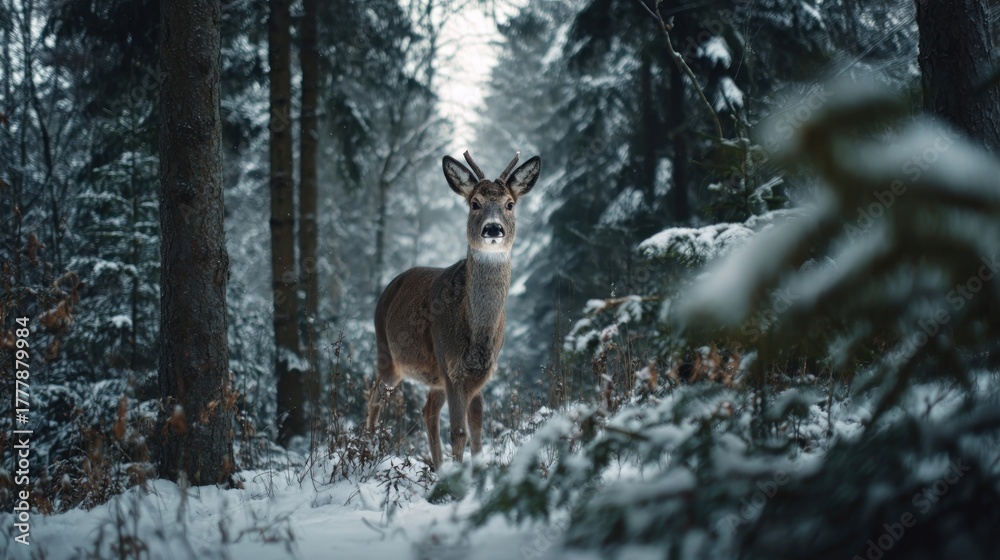 Obraz premium A snowy forest with a deer looking at the camera,