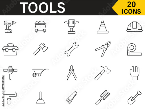 Tools collections editable stroke outline icon set. Included icons as electronic, phone, gadget, saw, hammer, screwdriver, driller and more symbol collection. Vector illustration.