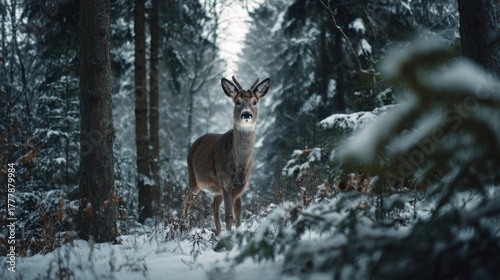 Wallpaper Mural A snowy forest with a deer looking at the camera, Torontodigital.ca