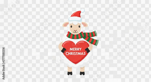 A cute cartoon sheep wearing a Santa hat and scarf, is holding a heart-shaped sign with Merry Christmas written on it. The charming scene captures the essence of holiday cheer. vector illustration