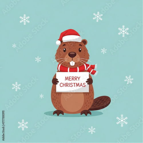 A cute beaver dressed for Christmas, holding a festive sign amid gentle snowfall, a perfect embodiment of holiday cheer and winter joy. vector illustration
