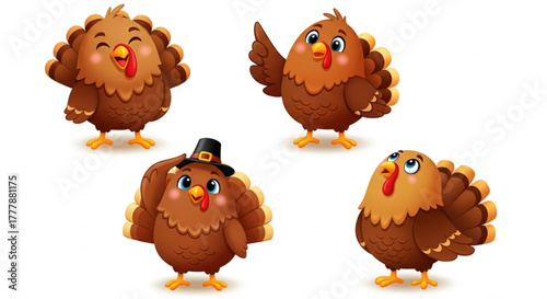Four cheerful turkeys. each with unique expressions and poses. Ideal for festive seasonal designs. capturing the essence of abundance and gratitude. vector illustration