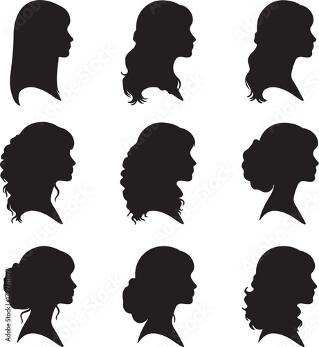 Nine Black Silhouettes of Women's Heads in Profile with Various Elegant Hairstyles Keywords: silhouette, woman, female, head, profile, hairstyle, hair, beauty, style, also transparent background