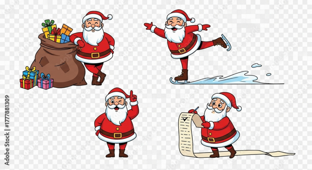 Obraz premium A collection of cartoon Santas is depicted in various festive activities, evoking the spirit of holiday cheer and traditions. vector illustration