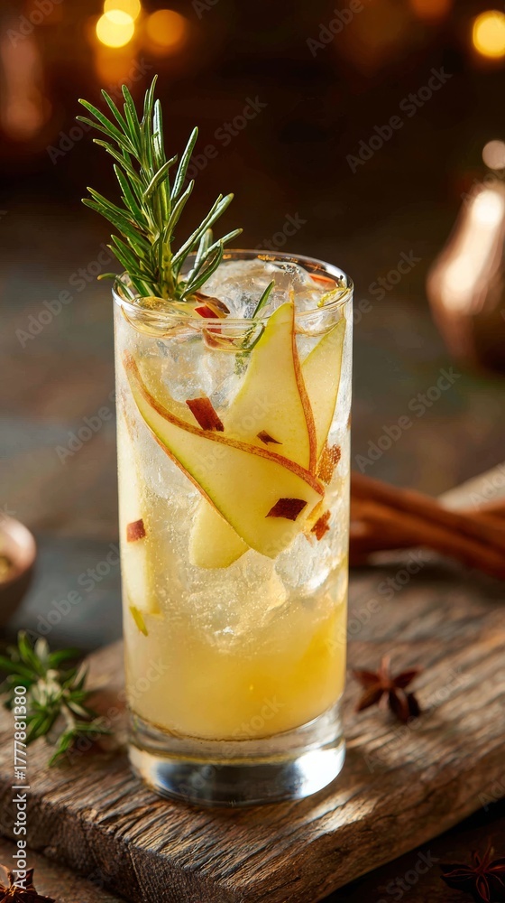 Fototapeta premium Spiced apple fizz, no alcohol, in highball glass — rosemary, cinnamon, pear slices on rustic wood.