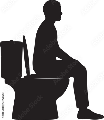Silhouette of a man sitting on a toilet on a white background Keywords: man, silhouette, toilet, sitting, bathroom, restroom, hygiene, personal care, plumbing, also transparent background