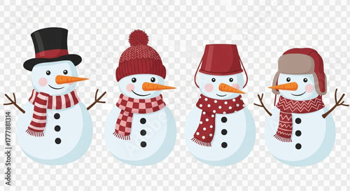 Whimsical snowmen dressed in winter accessories stand together, ready for a frosty adventure, embracing the beauty of a snowy season. vector illustration