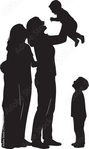 Silhouette of a mother throwing a baby in the air with another child watching family toddler also transparent background