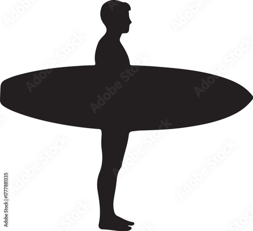 Silhouette of a surfer holding a surfboard on a white background Keywords: surfer, silhouette, surfboard, surfing, ocean, beach, water sport, recreation, activity, also transparent background