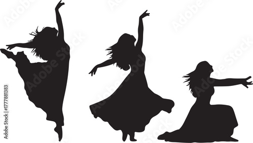 Three black silhouettes of women dancing in flowing dresses against a white background dance dancer also transparent background