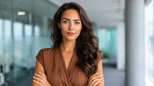 Businesswoman standing confidently in modern office hallway with glass walls, soft daylight, empowering tone Free Download Businesswoman standing confidently in modern office hallway with glass walls, soft daylight, empowering tone - GFXLoad