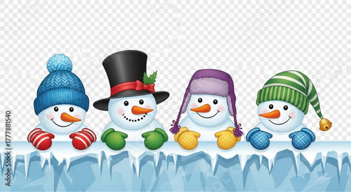 A delightful array of charming snowmen adorned in festive winter attire. The image captures the spirit of winter's joy, bringing to life a vibrant tableau with a clear. vector illustration