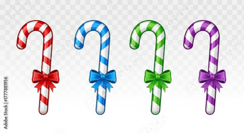 A vibrant collection of colorful candy canes. Each candy cane is adorned with a decorative bow.  vector illustration