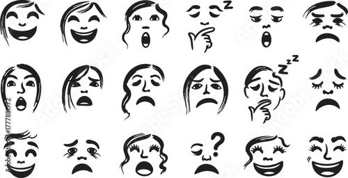 Hand drawn faces woman expressive moods set happiness sadness anger tiredness confusion emotion sketches graphic collection