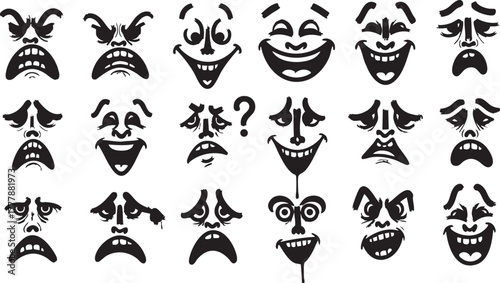 Exaggerated cartoon facial expressions set intense feelings joy anger sadness caricature style illustration vector collection