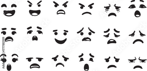 Grunge vector brush stroke cartoon facial expressions set displaying extreme human emotions like anger sadness fear and joy isolated on transparent background