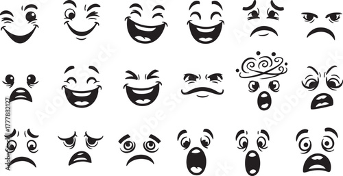Vector collection of cartoon faces with mustache and dizzy swirls displaying powerful human emotions including distress surprise and deep sadness comic style set