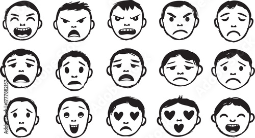 Collection of 15 human facial expressions expressing basic and complex emotions like joy anger sadness love and confusion simple black and white vector avatar set concept